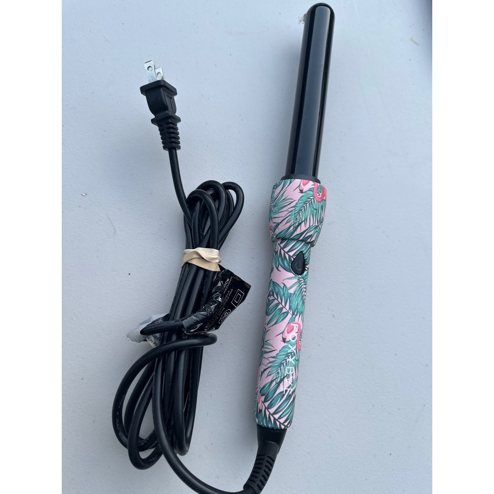 FoxyBae Curling Wand Flamingo Tropical Print Black Ceramic Tapered Clipless Iron